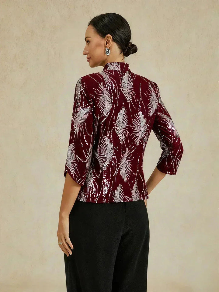 Elegant Pailletten-Twinset Met Mandarijnkraag