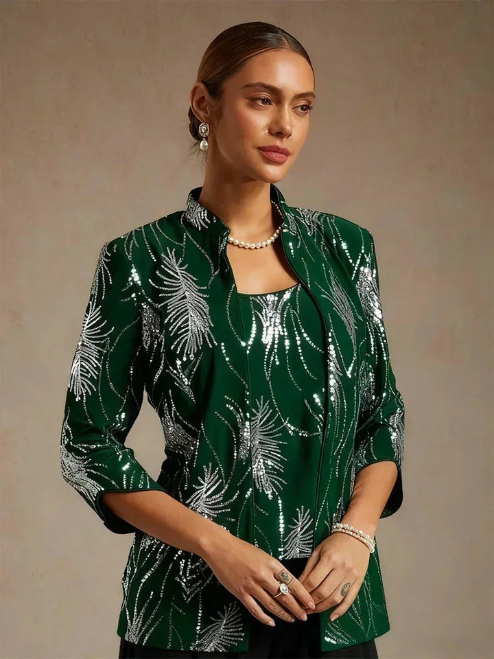 Elegante Twinset met Mandarijnkraag en Pailletten