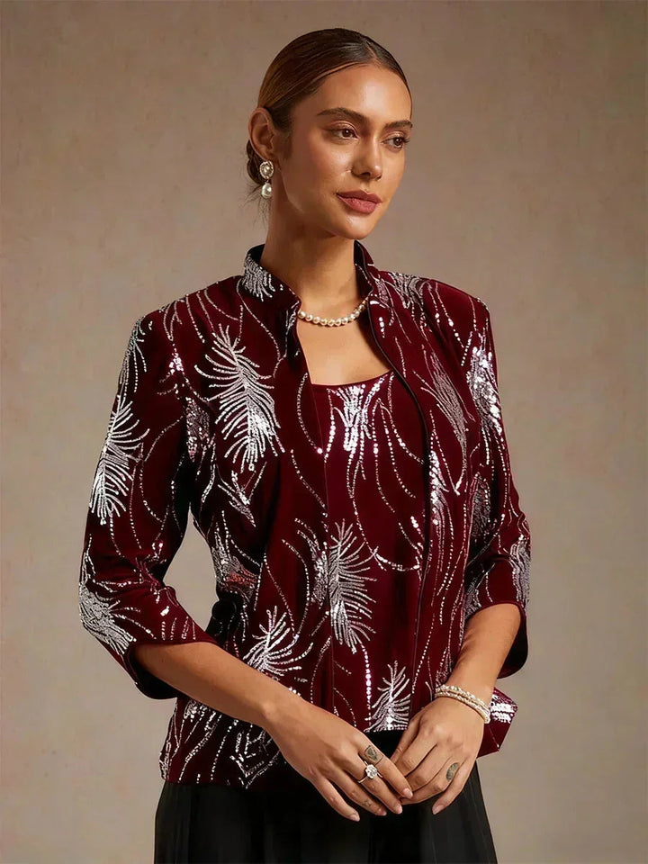 Elegant Twinset met Mandarijnkraag en Pailletten