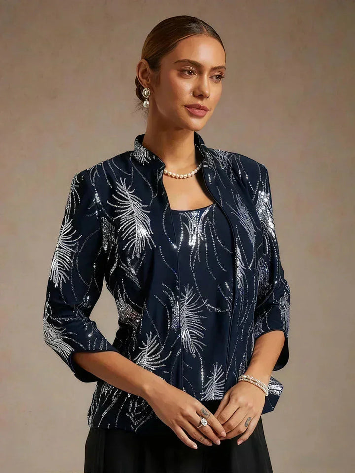 Elegant Pailletten-Twinset Met Mandarijnkraag