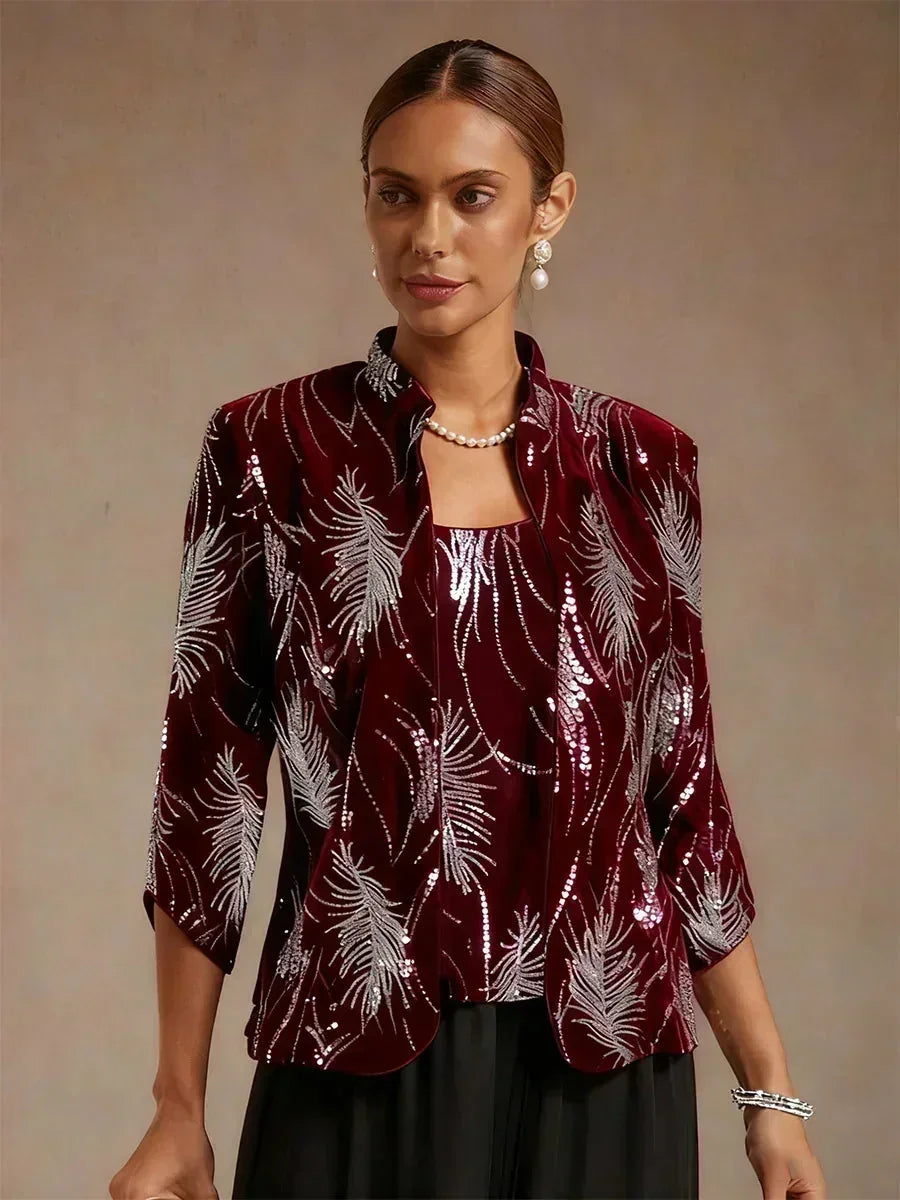 Elegant Twinset met Mandarijnkraag en Pailletten