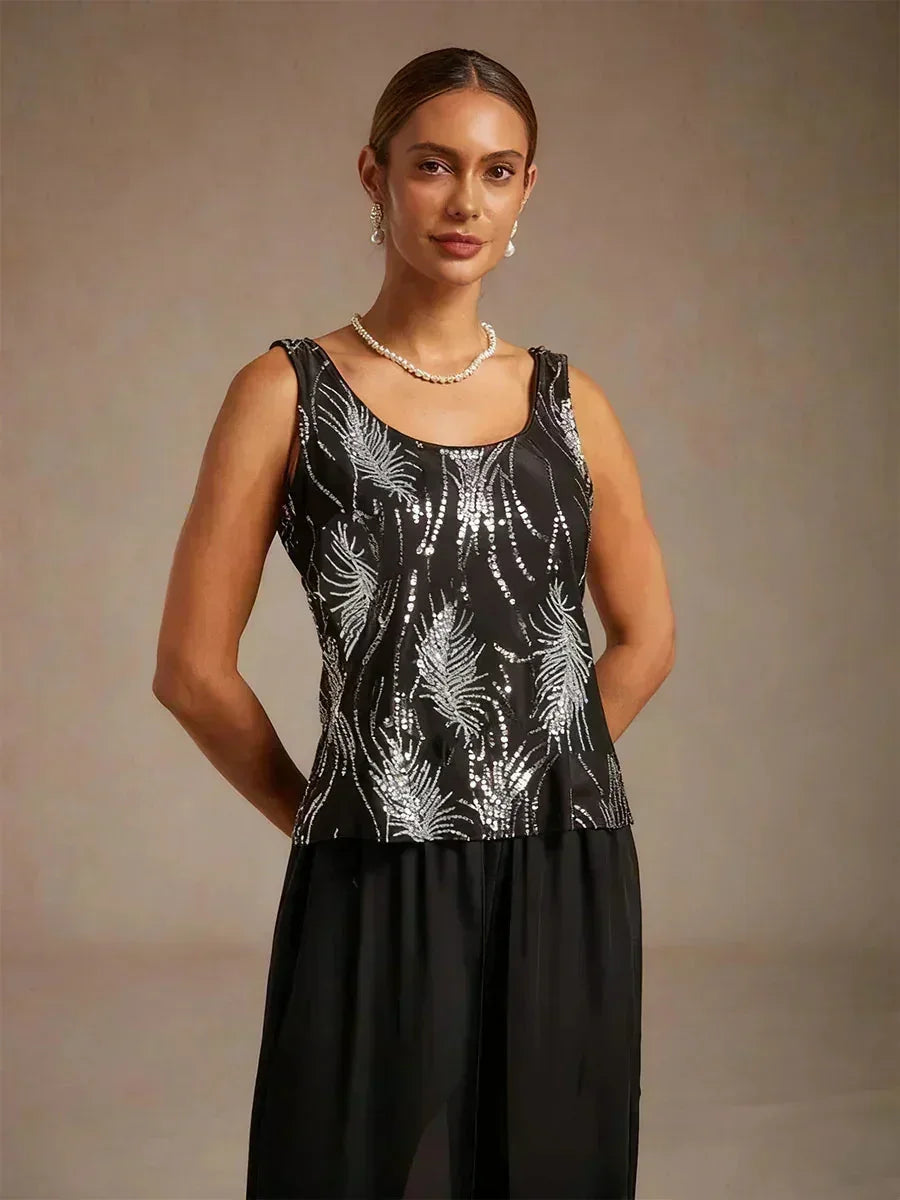 Elegant Pailletten-Twinset Met Mandarijnkraag