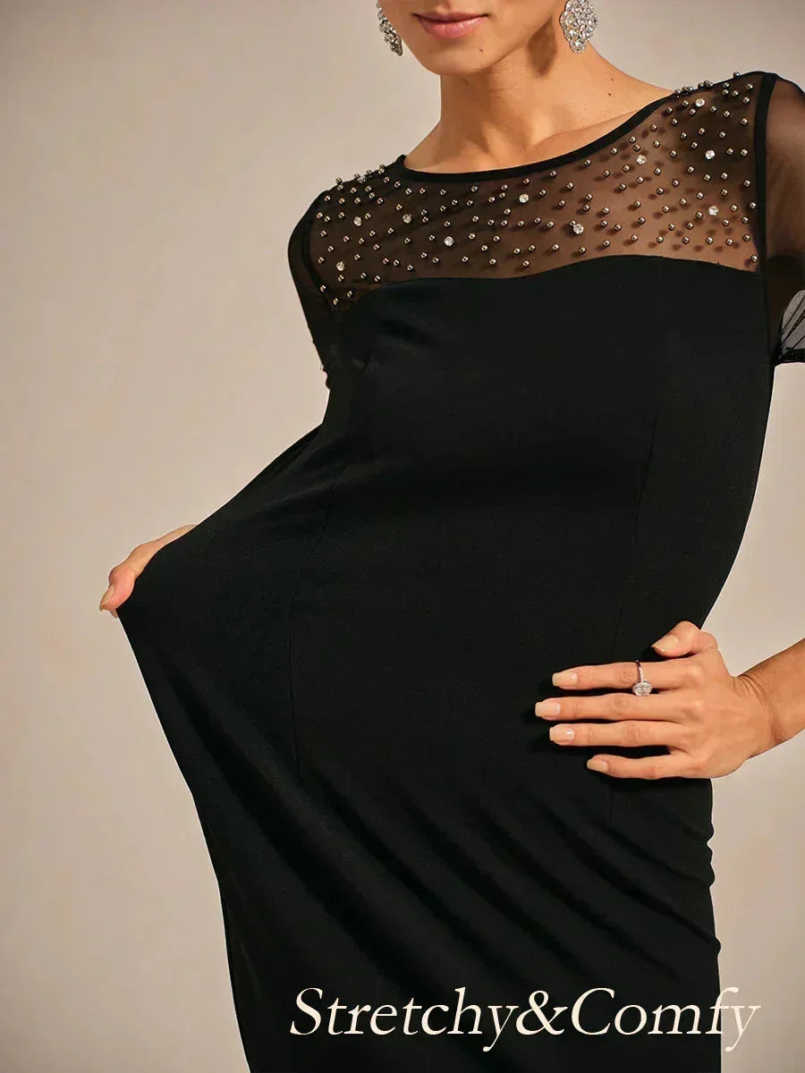 Elegante Schede Cocktailjurk met Versierde Illusie-Mesh Halslijn