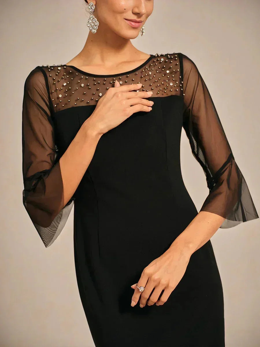 Elegante Schede Cocktailjurk met Versierde Illusie-Mesh Halslijn