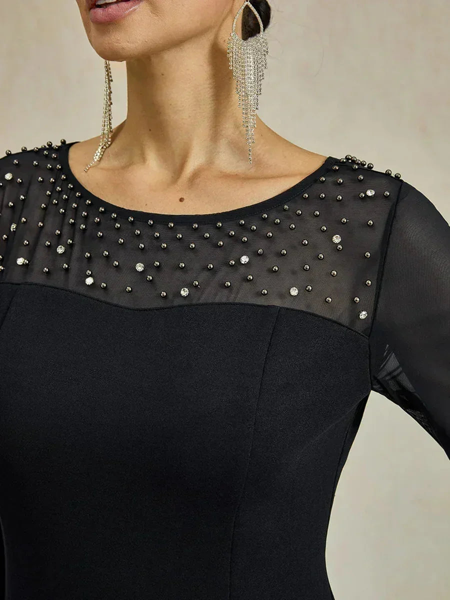 Elegante Schede Cocktailjurk met Versierde Illusie-Mesh Halslijn