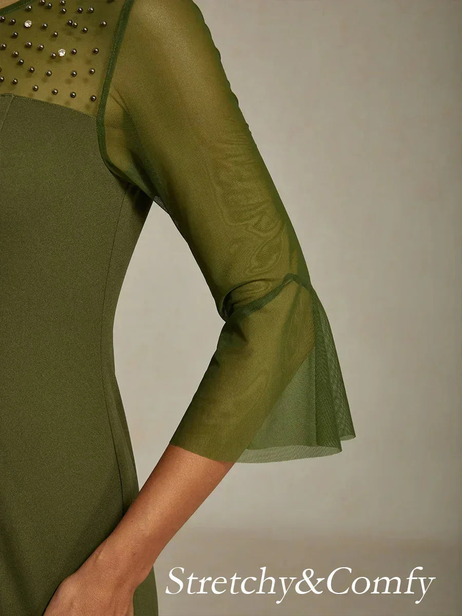 Elegante Koker-Cocktailjurk met Versierde Illusie-Mesh Halslijn