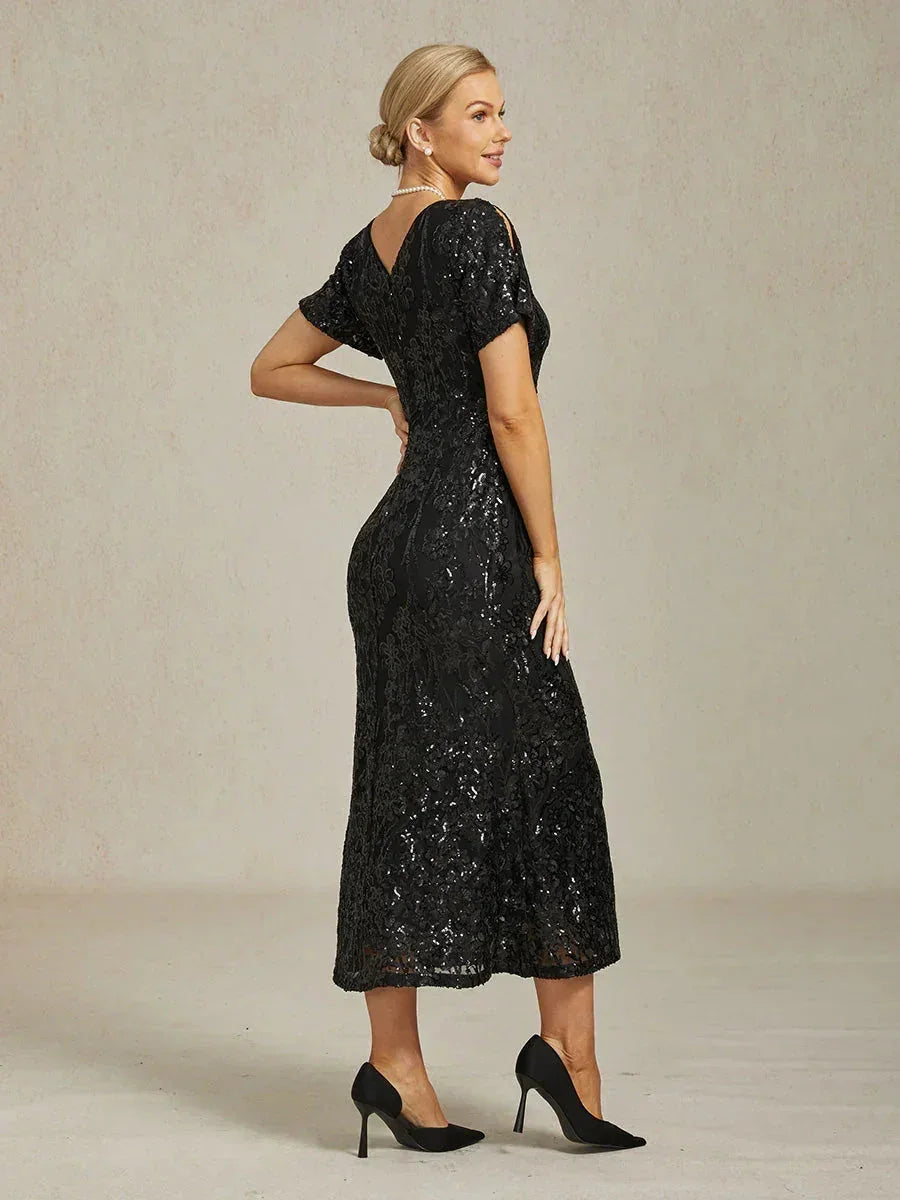 Elegante V-hals Cold Shoulder Paillettenjurk
