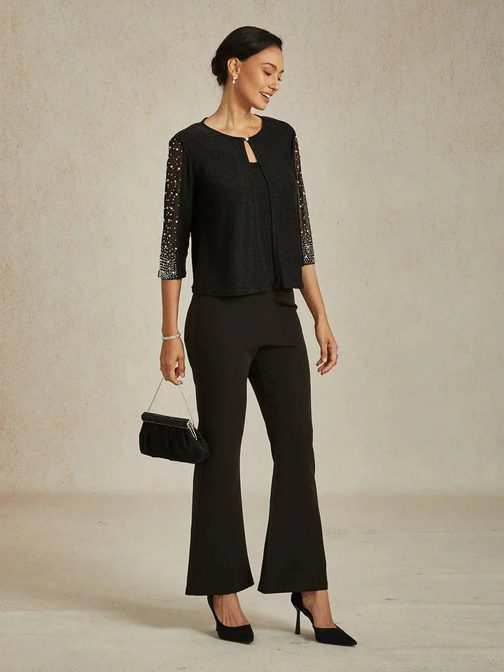 Metallic Knit Blouse with Beading and 3/4 Sleeves