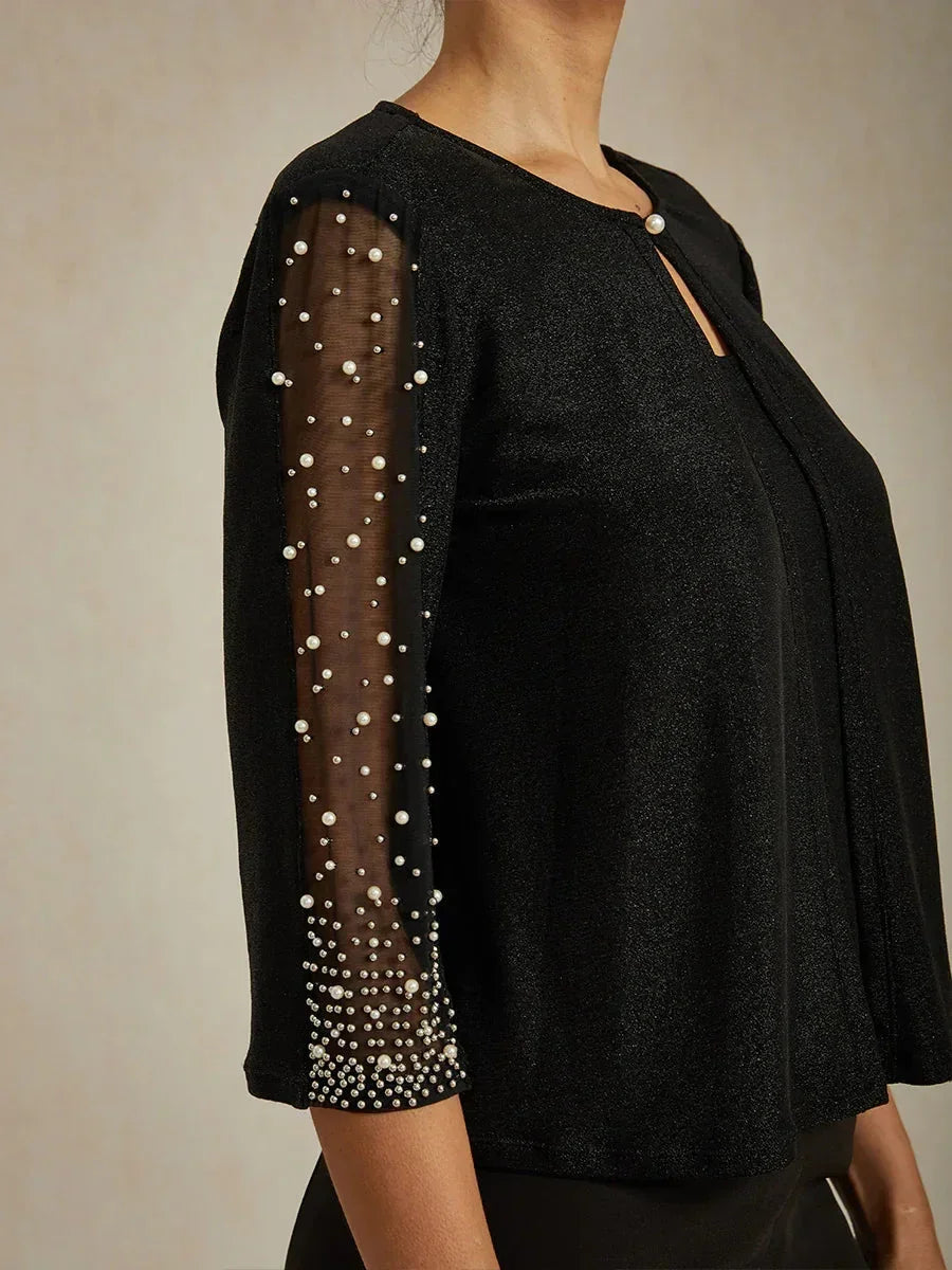 Metallic Knit Blouse with Beading and 3/4 Sleeves