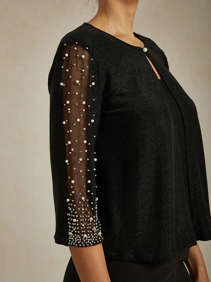 Metallic Knit Blouse with Beading and 3/4 Sleeves