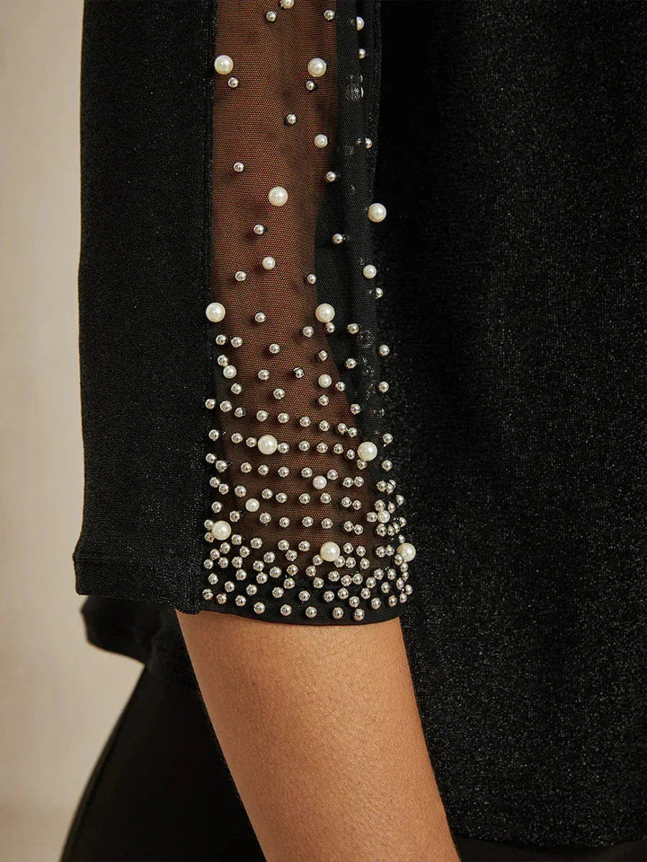 Metallic Knit Blouse with Beading and 3/4 Sleeves