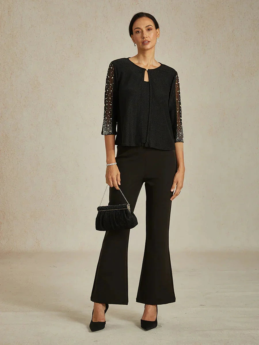 Metallic Knit Blouse with Beading and 3/4 Sleeves