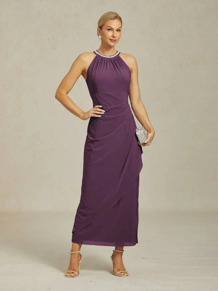 Elegante Maxi-jurk Met Halterhals, Kralen En Ruches