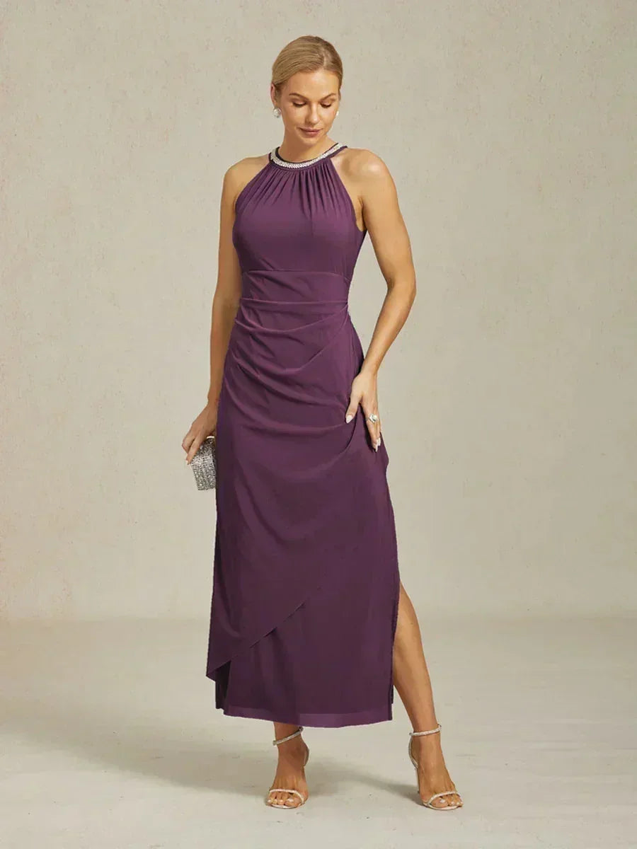 Elegante Halter Maxi-jurk met Kralen en Ruches