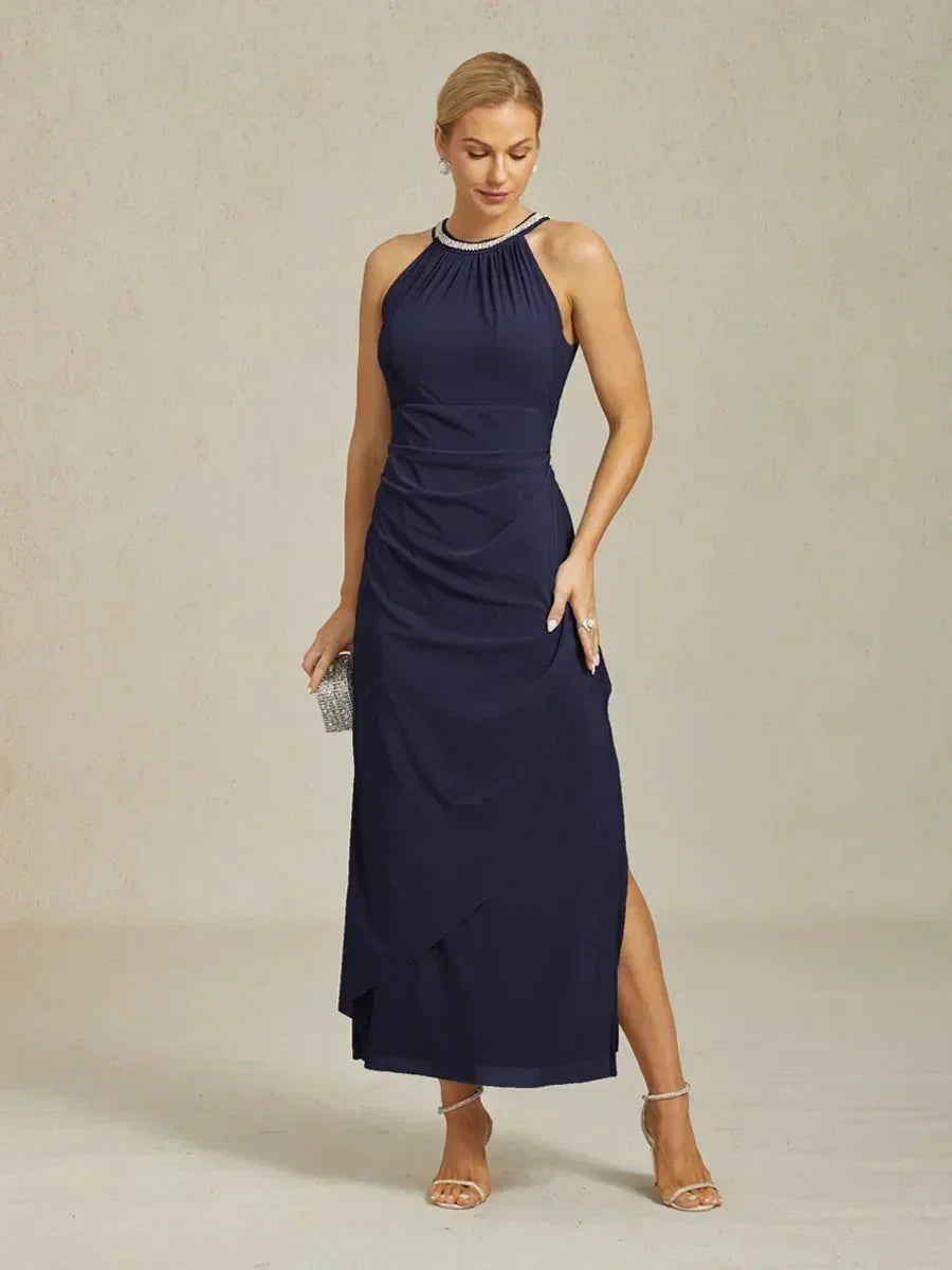 Elegante Halter Maxi-jurk met Kralen en Ruches