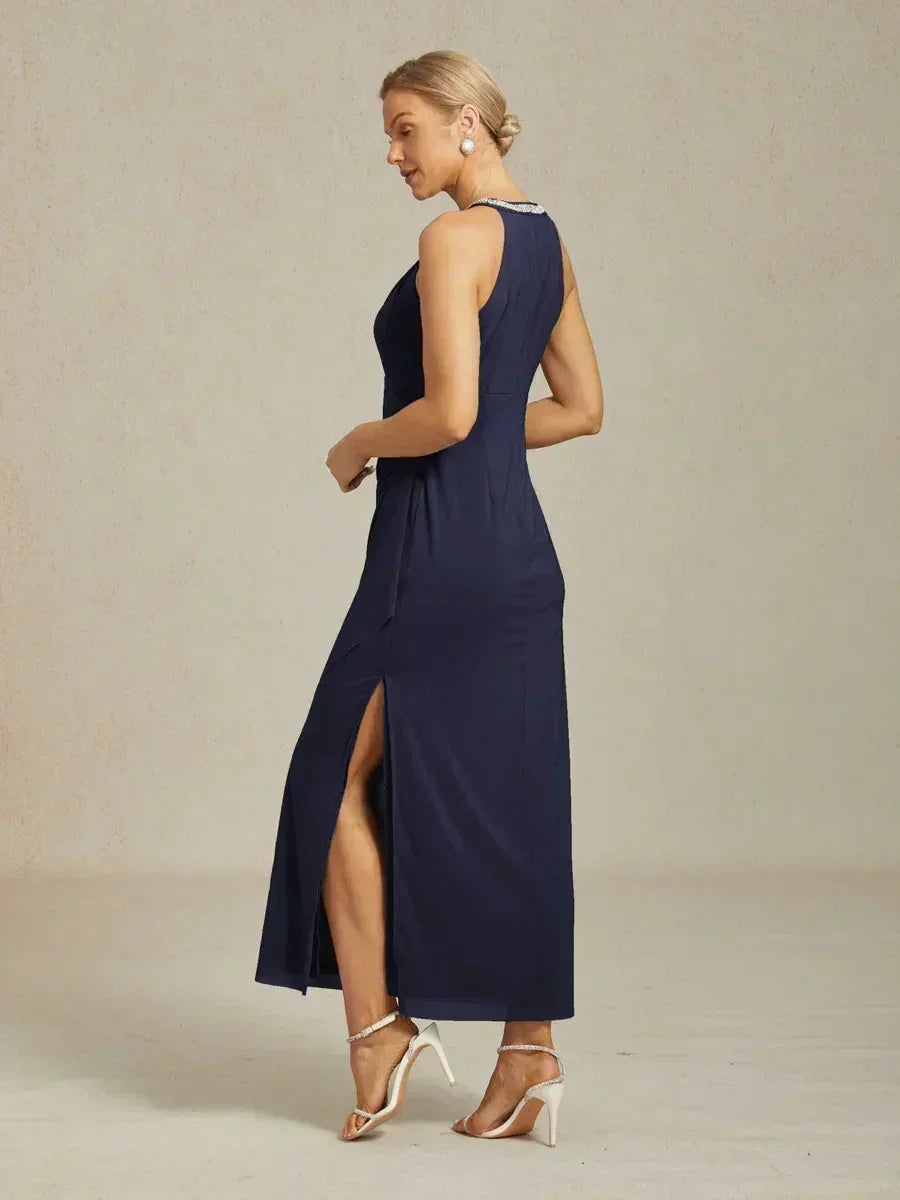 Elegante Maxi-jurk Met Halterhals, Kralen En Ruches