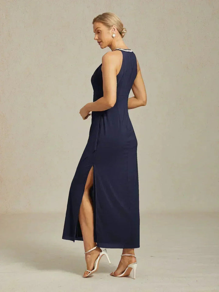Elegante Halter Maxi-jurk met Kralen en Ruches