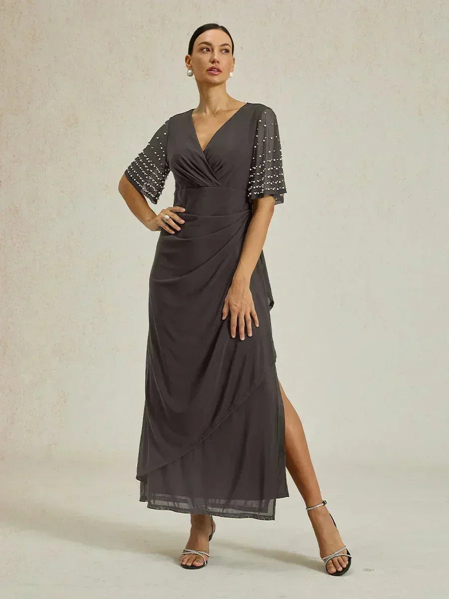 Elegante Formele Jurk met Versierde Fluttermouwen