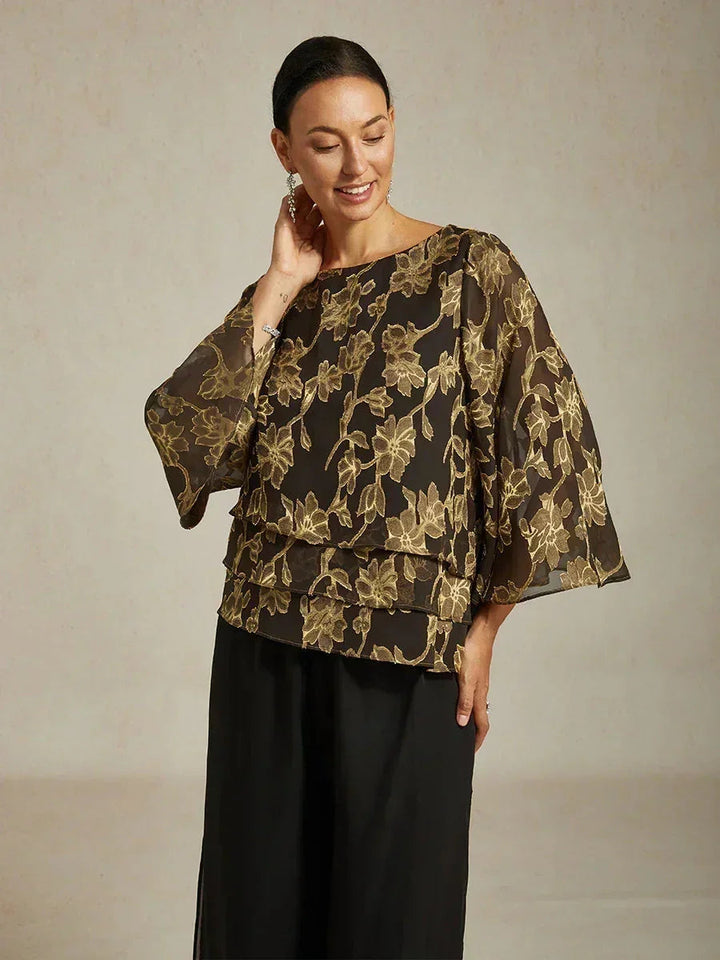 Bloemenchiffonblouse met Boothals en A-lijnmouwen