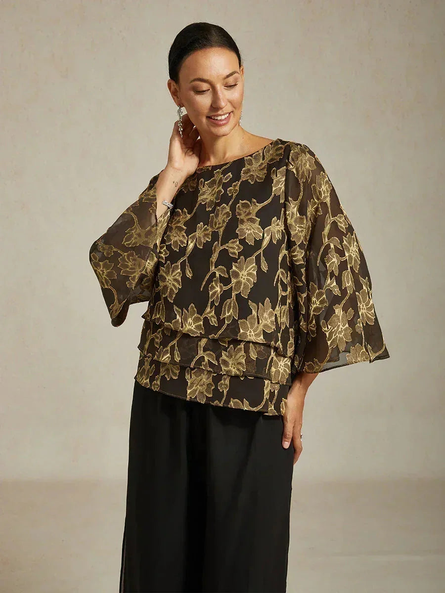Bloemenchiffonblouse met boothals en A-lijnmouwen