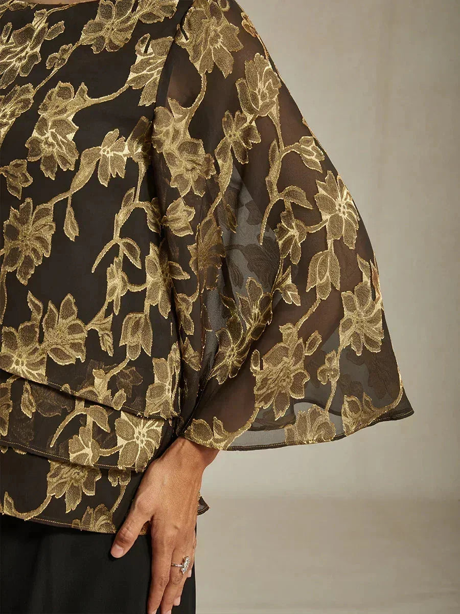 Bloemenchiffonblouse met Boothals en A-lijnmouwen