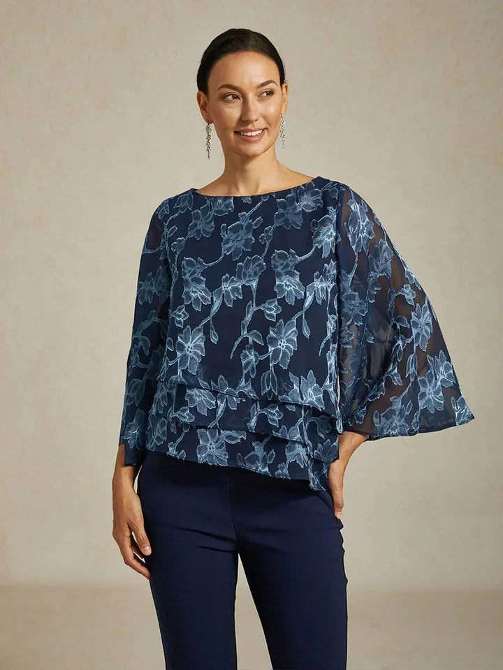 Bloemenchiffonblouse met Boothals en A-lijnmouwen
