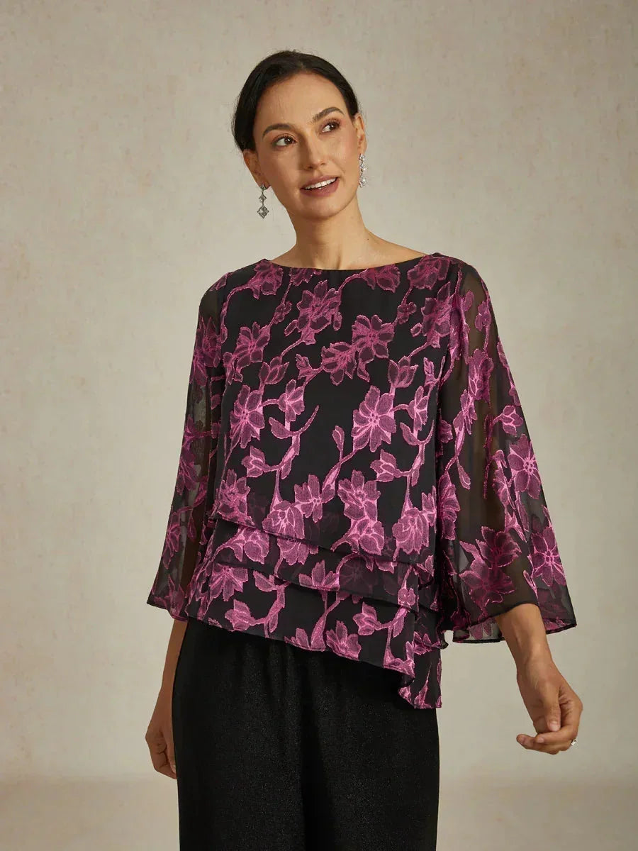 Bloemenchiffonblouse Met Boothals En A-Lijnmouwen