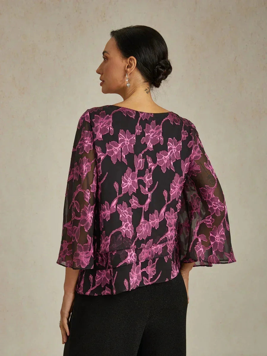 Bloemenchiffonblouse met boothals en A-lijnmouwen