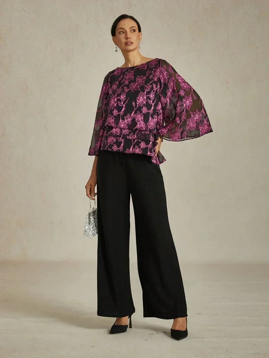 Bloemenchiffonblouse Met Boothals En A-Lijnmouwen