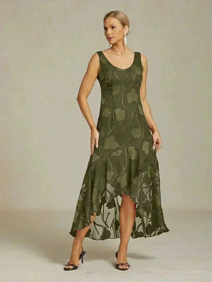 Bloemenchiffon Mouwloze Avondjurk met Asymmetrische Zoom