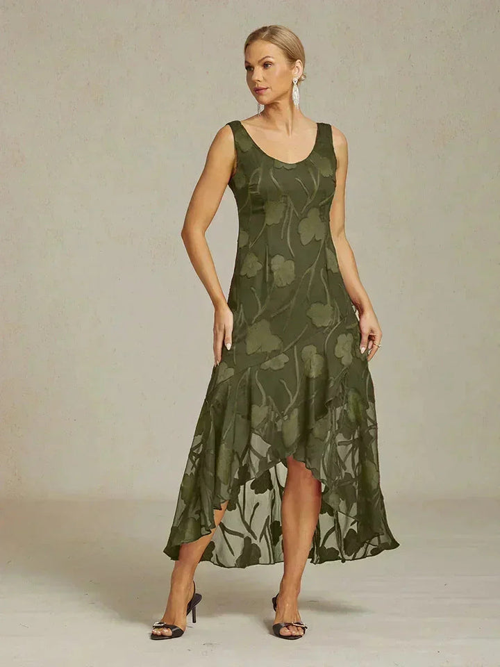 Mouwloze Chiffon Avondjurk Met Bloemenprint En Asymmetrische Zoom