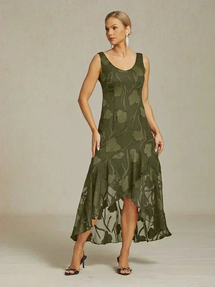 Bloemenchiffon Avondjurk Met Asymmetrische Zoom