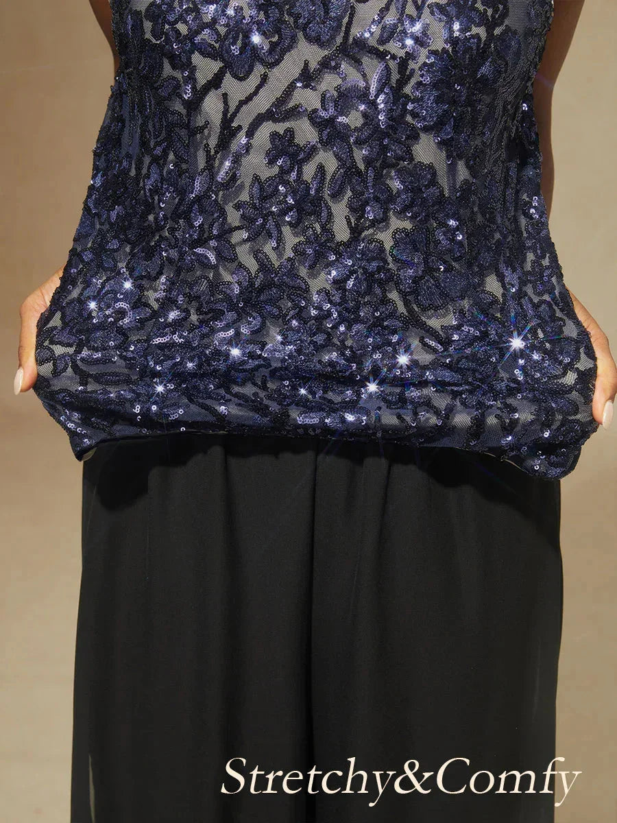 Twinset met Bloemen, Mandarijnkraag en Pailletten