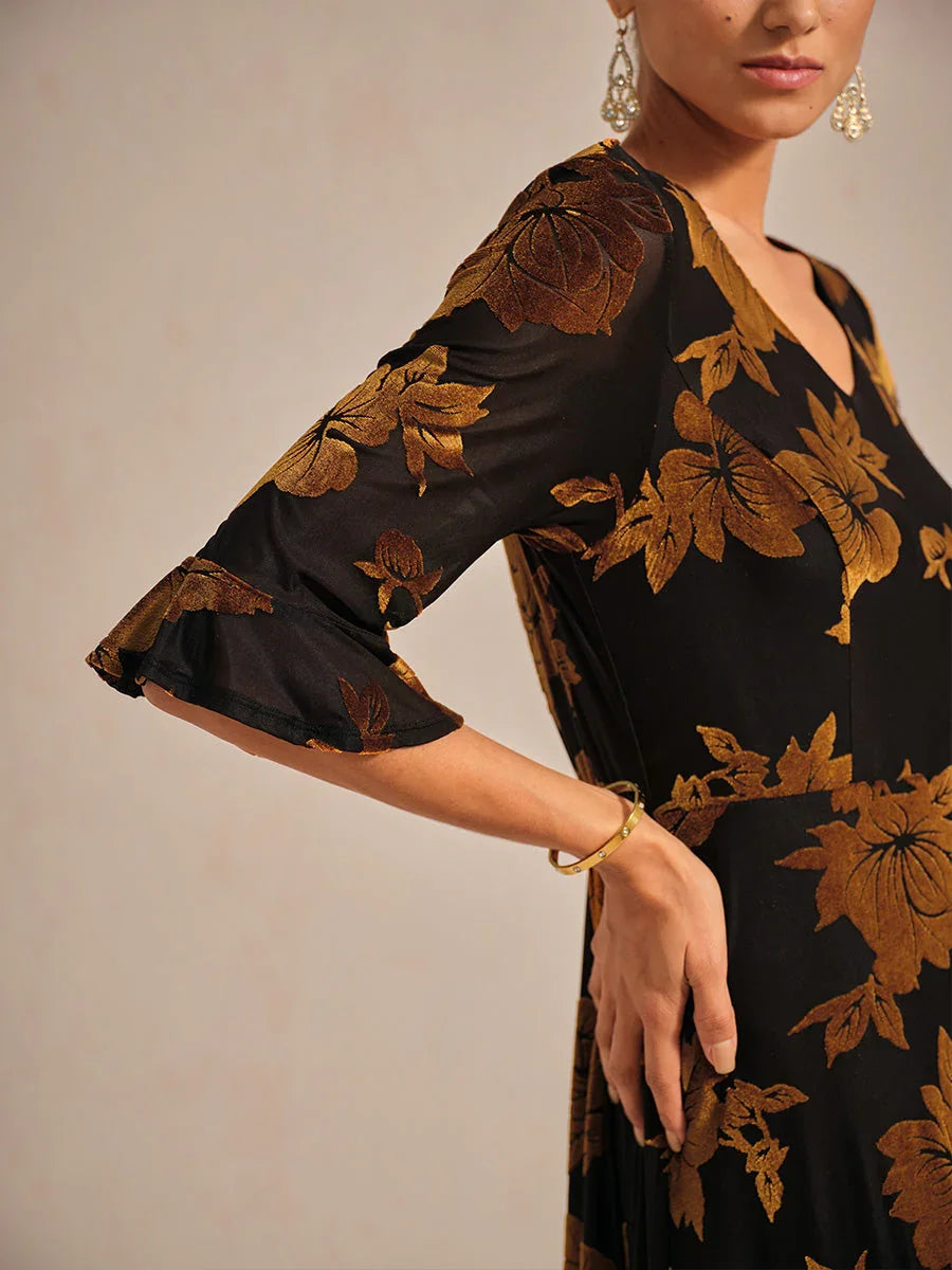 Floral A-Line Dress with Flutter Sleeves