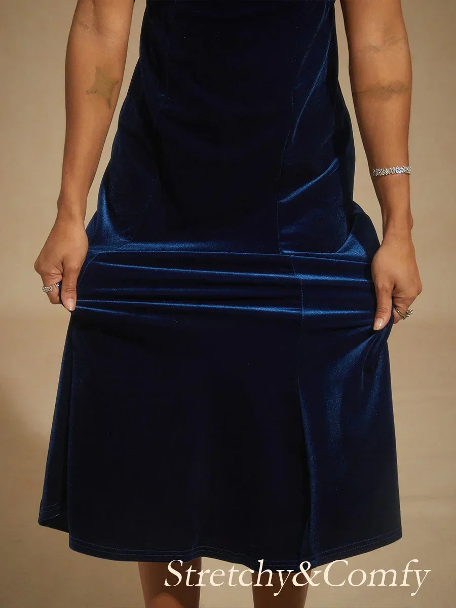 High-Stretch Fluwelen Mouwloze Midi-Jurk met Lage Ronde Hals