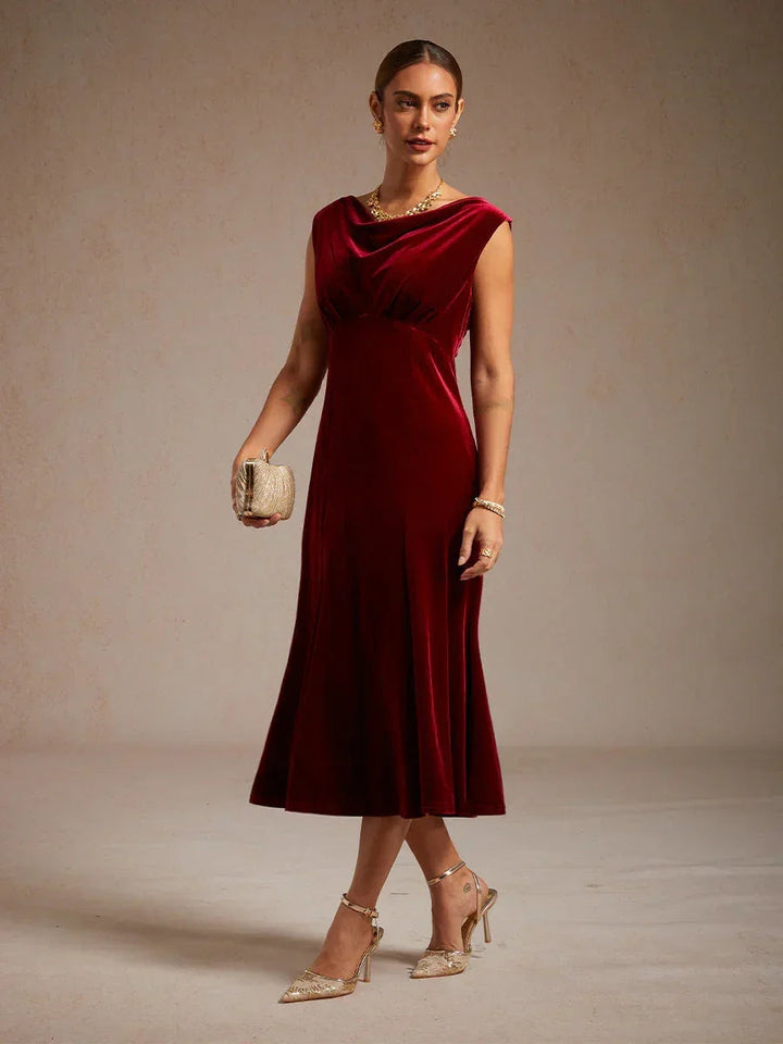 High-Stretch Fluwelen Mouwloze Midi-Jurk met Lage Ronde Hals
