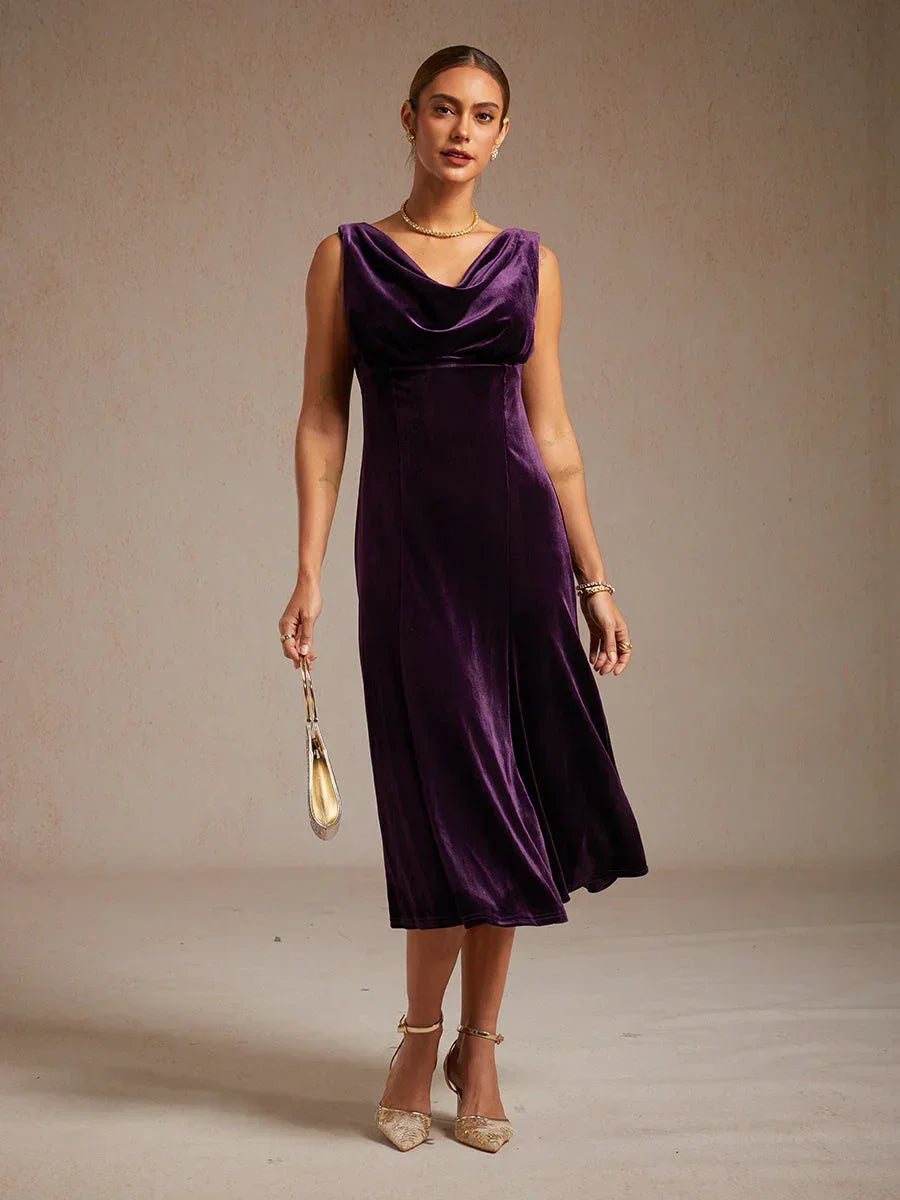High-Stretch Fluwelen Mouwloze Midi-Jurk met Lage Ronde Hals