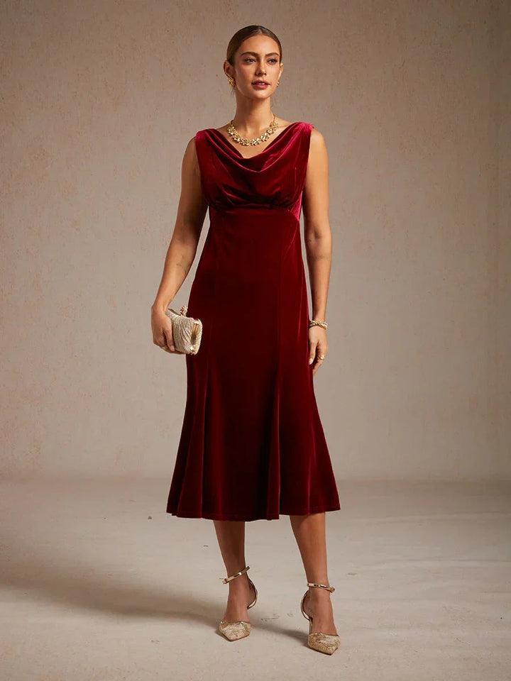 High-Stretch Fluwelen Mouwloze Midi-Jurk met Lage Ronde Hals