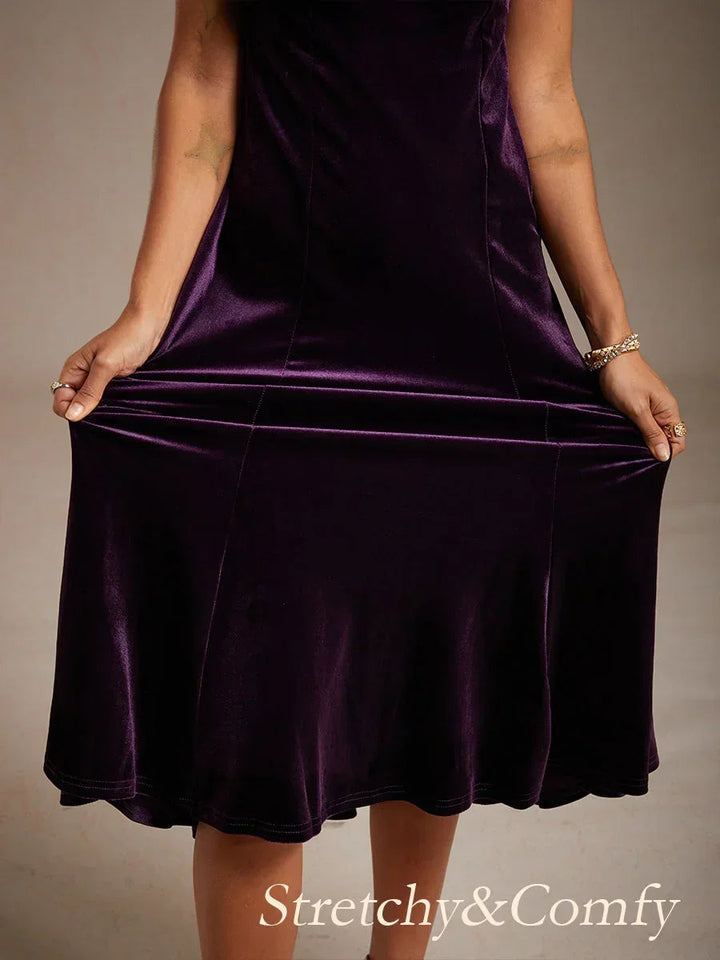 High-Stretch Fluwelen Mouwloze Midi-Jurk met Lage Ronde Hals