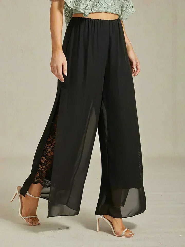 Rechte broek met chiffon split been overlay