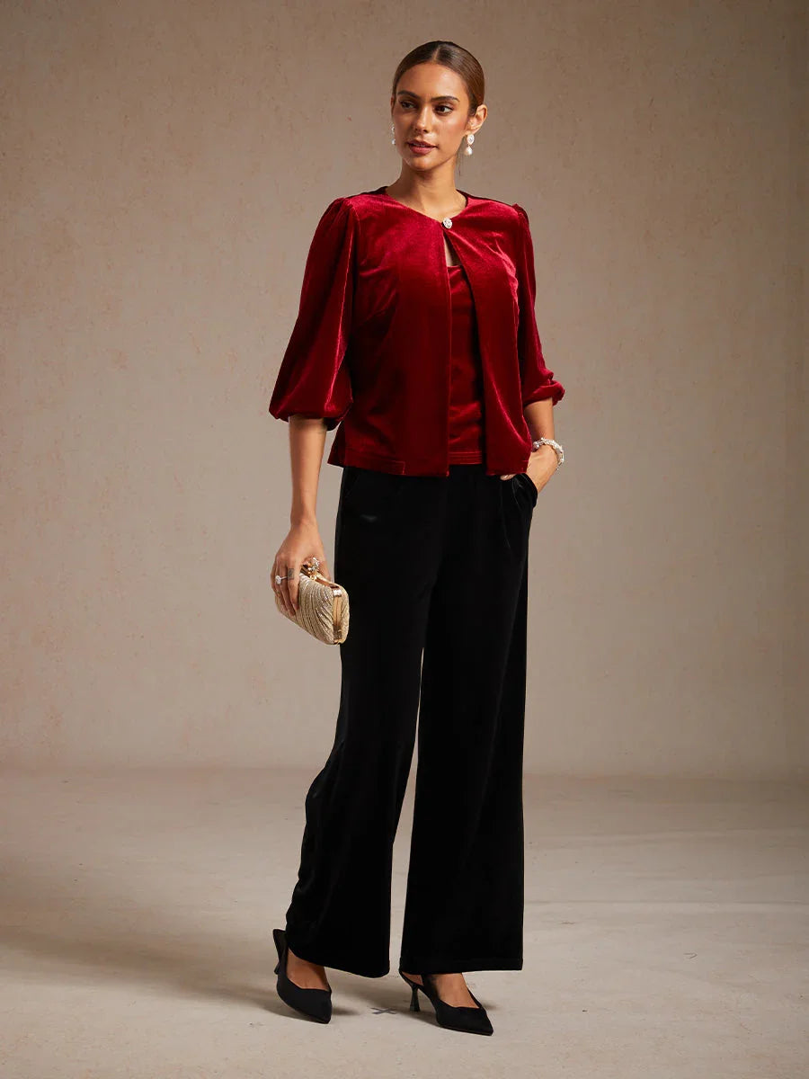 Velvet Puff-Sleeve Twinset with Embellished Neckline Closure