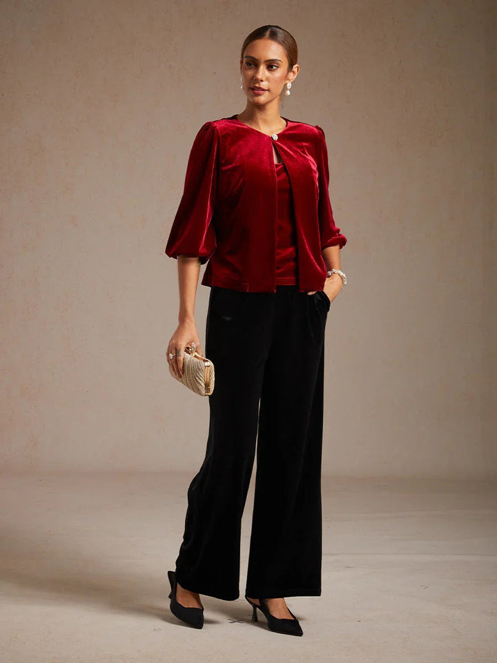 Velvet Puff-Sleeve Twinset with Embellished Neckline Closure