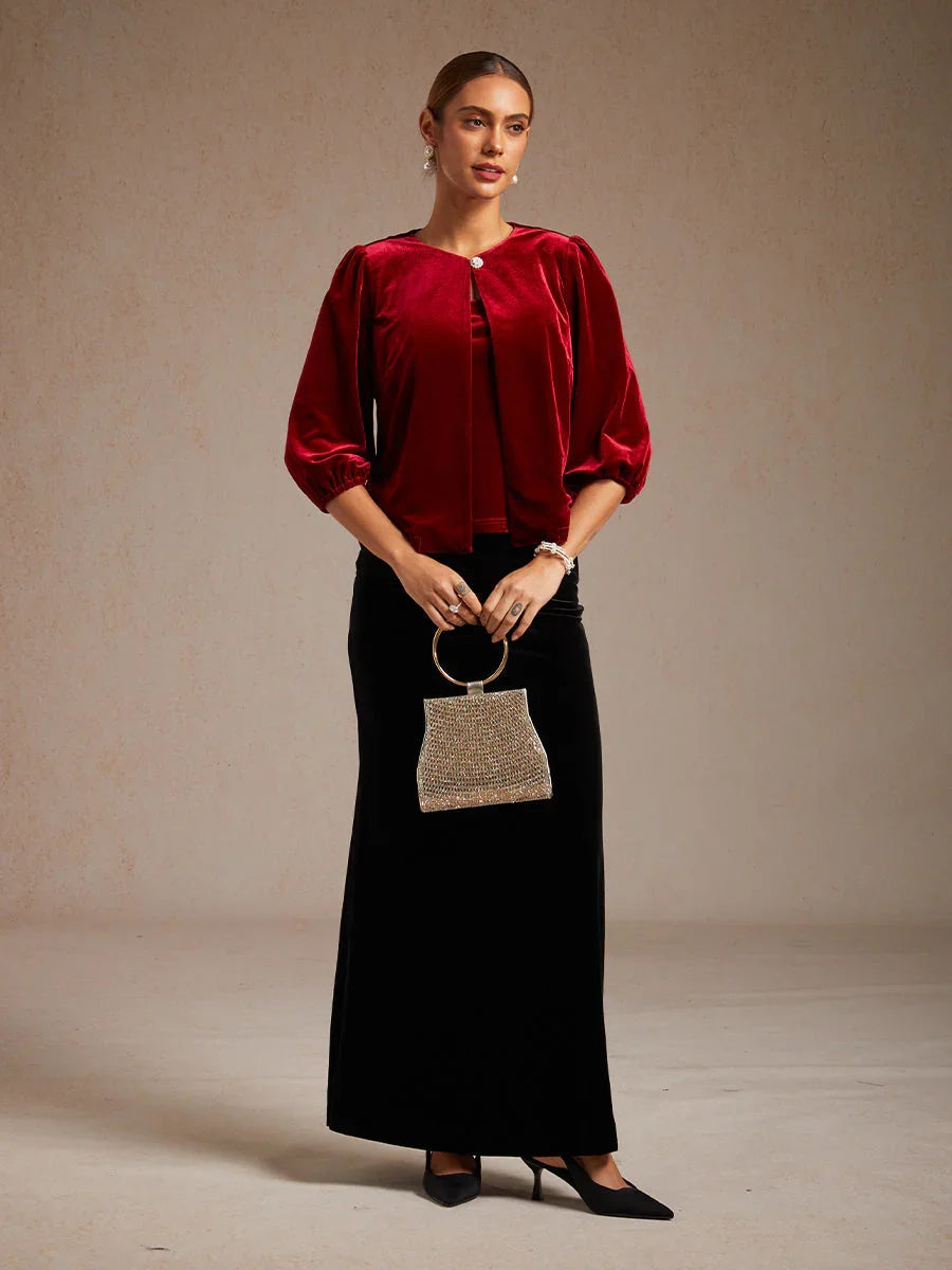 Velvet Puff-Sleeve Twinset with Embellished Neckline Closure
