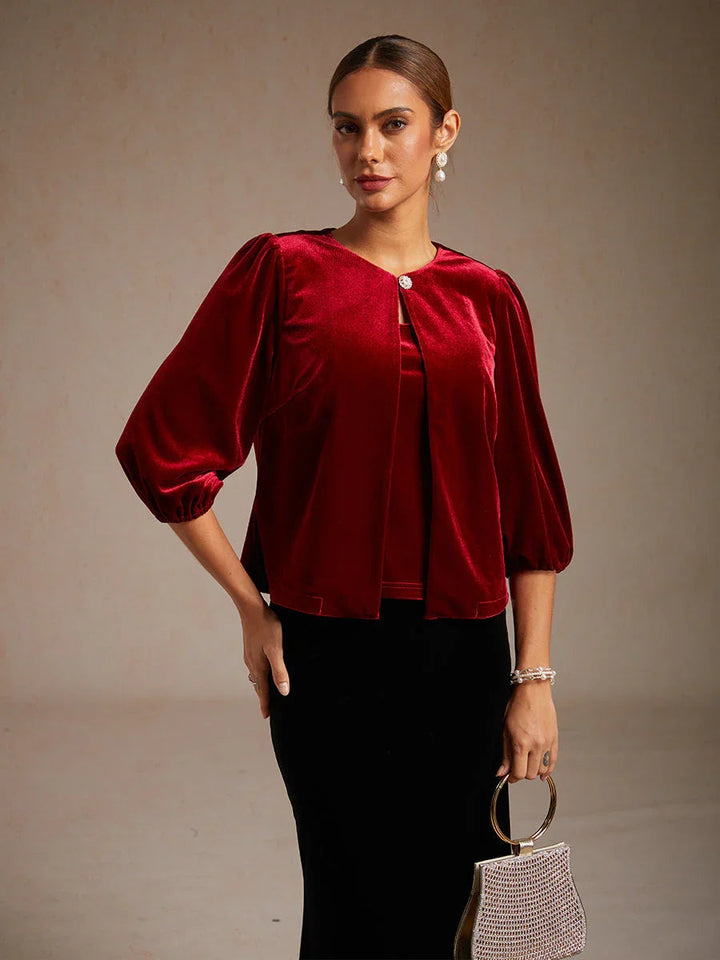 Velvet Puff-Sleeve Twinset with Embellished Neckline Closure
