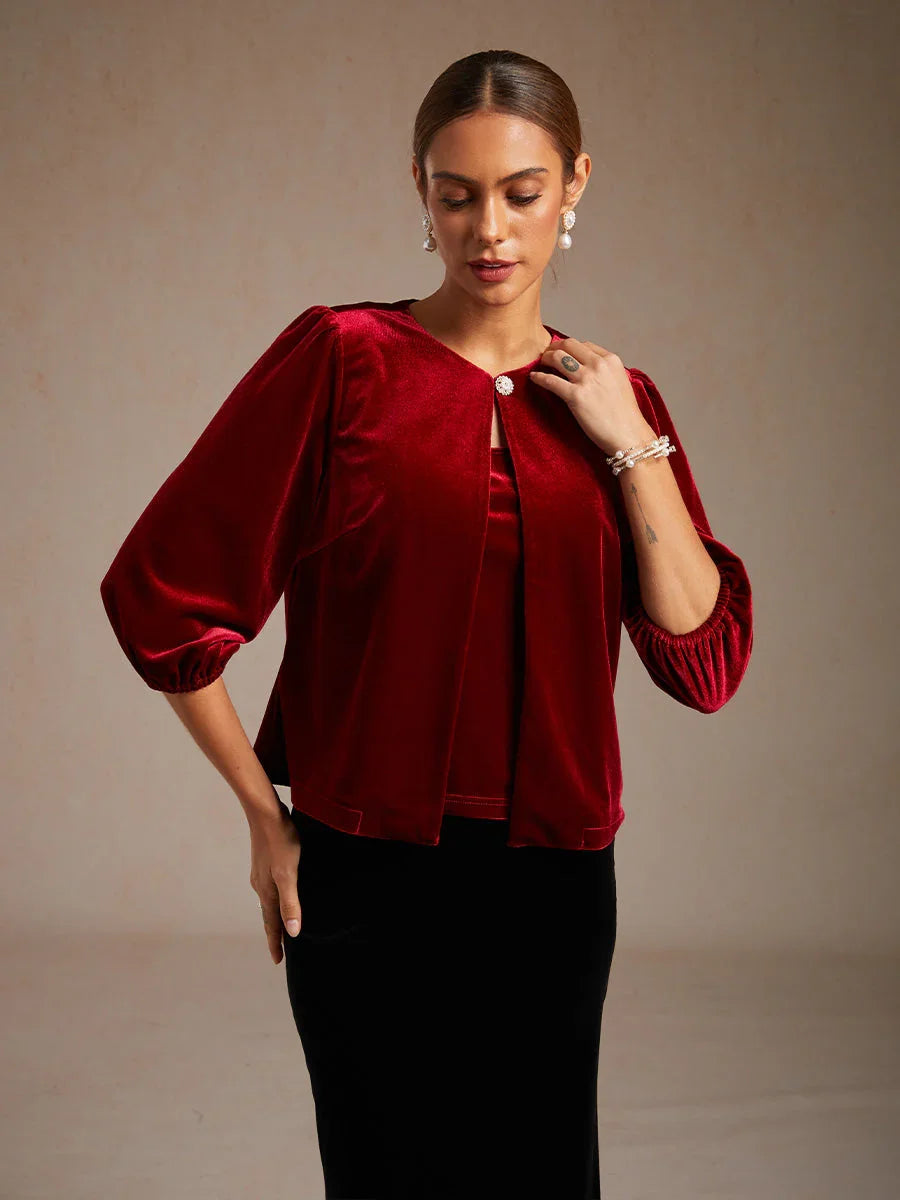 Velvet Puff-Sleeve Twinset with Embellished Neckline Closure