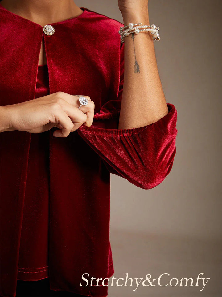 Velvet Puff-Sleeve Twinset with Embellished Neckline Closure