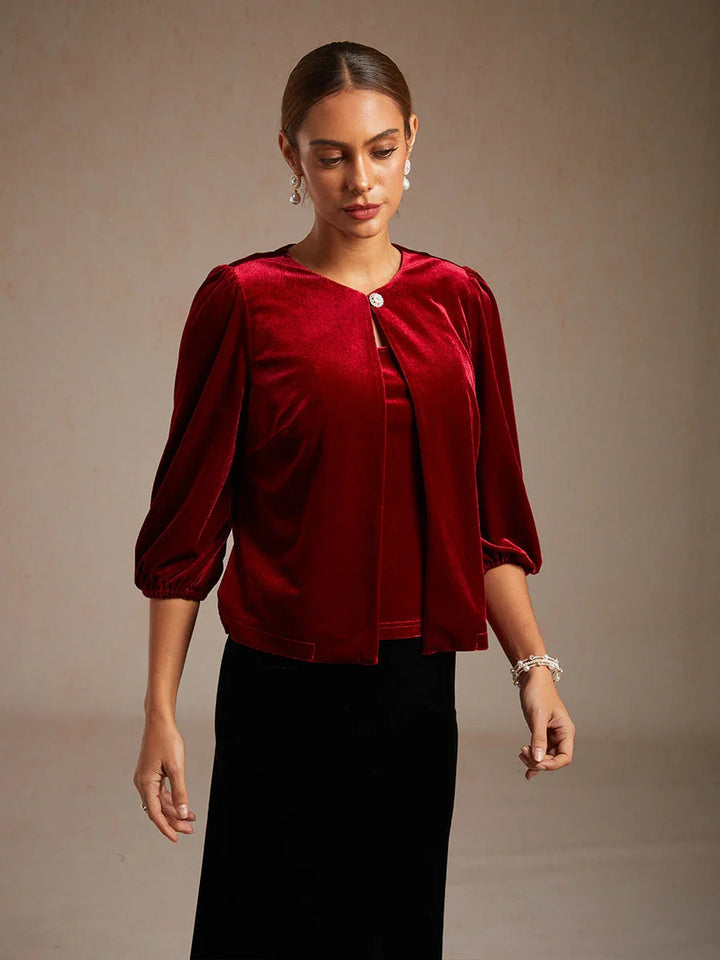 Velvet Puff-Sleeve Twinset with Embellished Neckline Closure