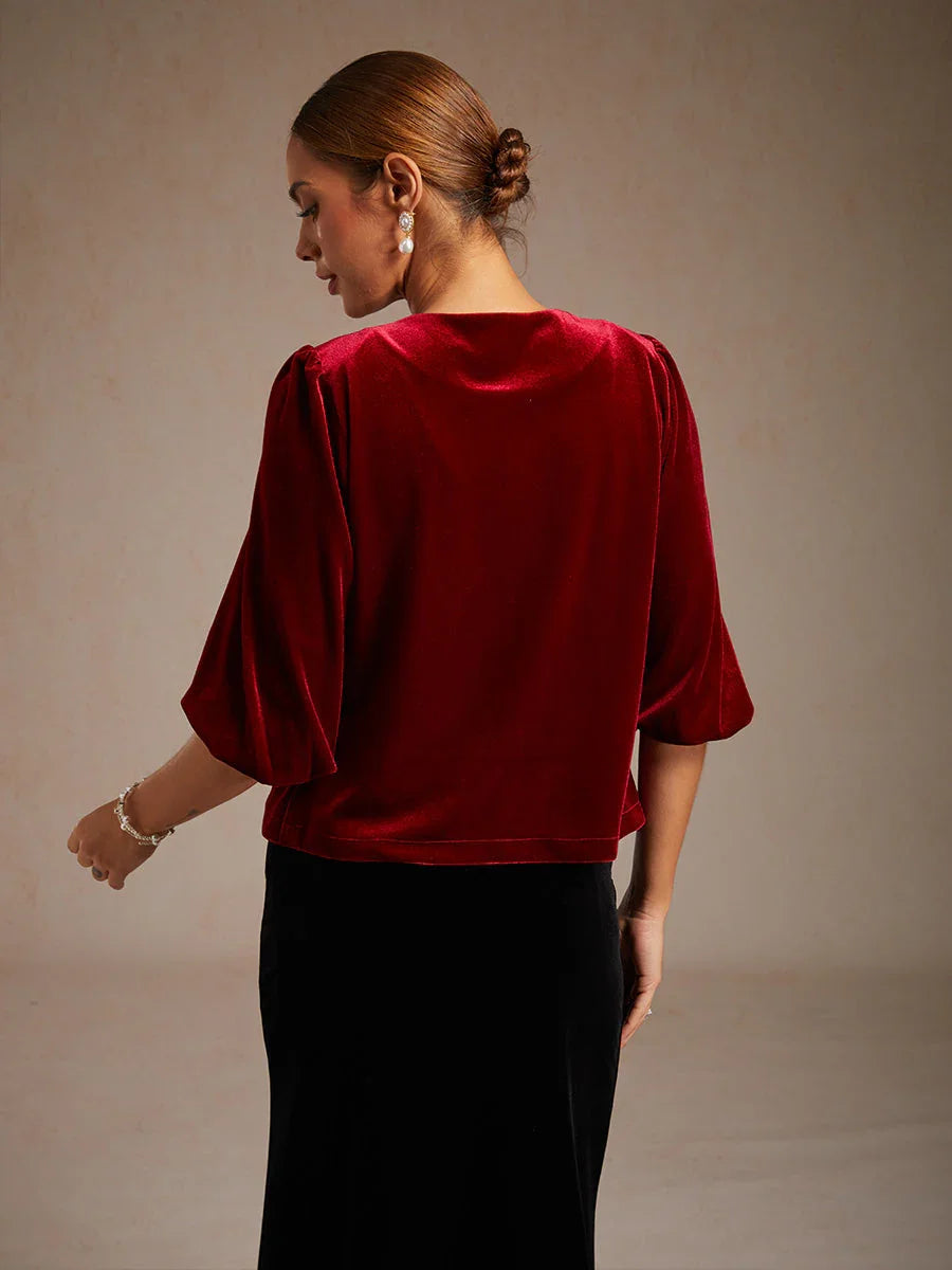 Velvet Puff-Sleeve Twinset with Embellished Neckline Closure