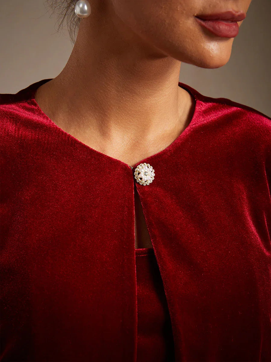 Velvet Puff-Sleeve Twinset with Embellished Neckline Closure