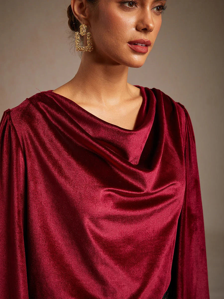 Elegant Stretch Velvet Blouse with Cowl Collar